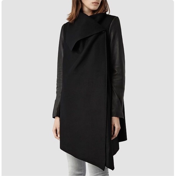 All Saints Hyde Monument Wool Blend Coat Vegan Leather Sleeves Size 2 Oversized - Picture 1 of 16